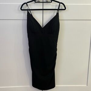 V-Neck Ruched Crepe Sheath Black Mini Dress